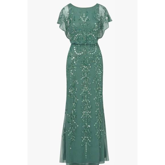 NEW ADRIANNA PAPELL beaded mesh boat neck flutter sleeve blouson dress in green - Picture 4 of 4